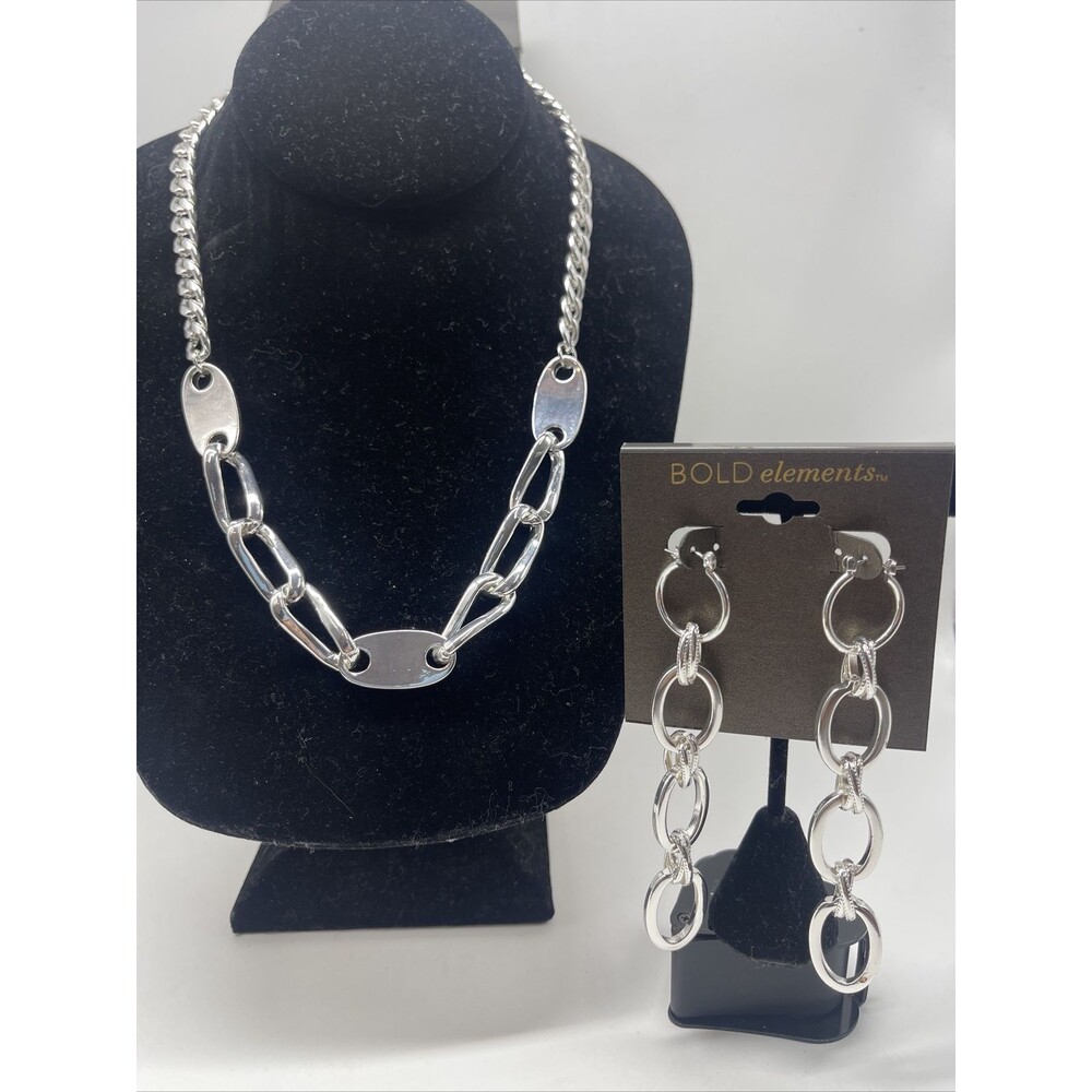 Bold Elements Silver Tone Chain Link Necklace With Coordinating Earrings New